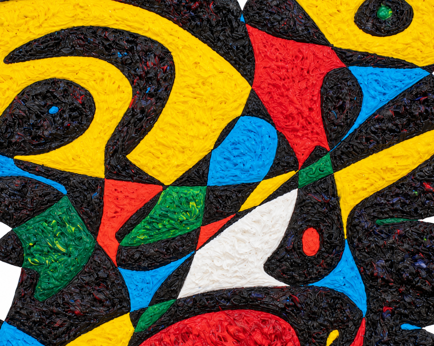 Detail of the South Africa artwork by Gheorghe Virtosu showing black, yellow, red, blue, green and white abstract forms